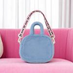 Plush Blue Character Crossbody Bag with Printed Strap