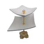 2-Tier Elegant Ceramic Serving Tray with Golden Stand