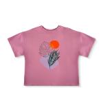 Sunset Botanical Bliss Tee – Abstract Nature Print with Tropical Leaf and Sun Graphic