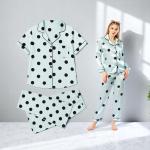 VIP Polka Dot Satin Pajama Set with Classic Button-Up Top and Full-Length Pants