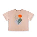 Sunset Botanical Bliss Tee – Abstract Nature Print with Tropical Leaf and Sun Graphic